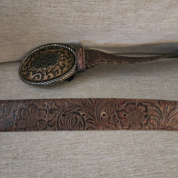 Vintage Sandy Duftler Belt Size Small Made In USA Genuine Leather Brown Floral - Picture 5 of 7